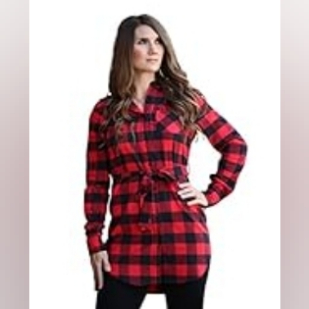 Plaid Flannel Shirt Dress, RED + BLACK CHECKED,  SZ: S, NWOT